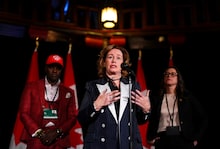 Arlene Dickinson speaks to reporters in Montebello, Que., alongside Wes Hall and Tabatha Bull on Jan. 21, 2025. Ms. Dickinson announced Thursday that she and Amber Macarthur are cutting ties with Ottawa startup Gander Social Inc.
